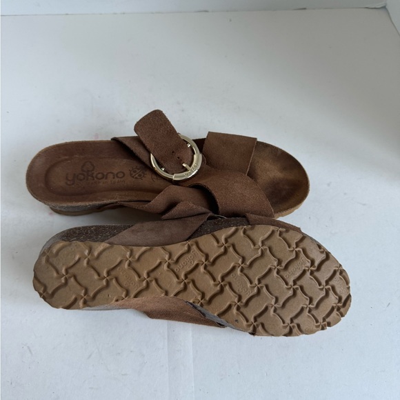Yokono tan sueded leather cross strap slide on cork wedge sandals size 8 - Picture 11 of 11